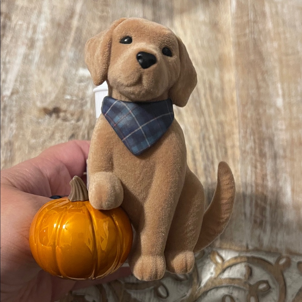 Bath & Body Works Tan Dog with Blue Plaid Bandana and Orange Pumpkin